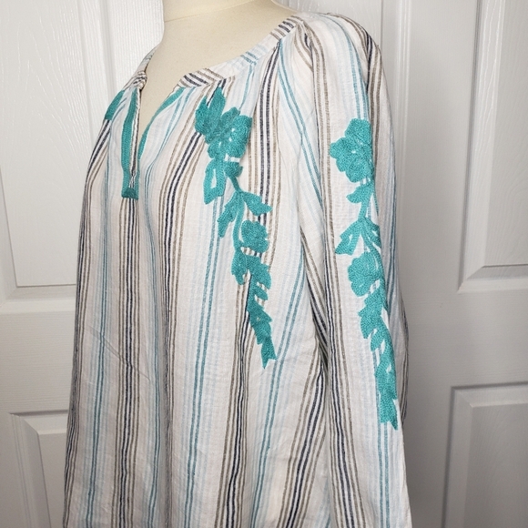 J Jill Love Linen Popover Top Embroidery M 100% Linen Raglan Sleeves Split Neck - Picture 12 of 13